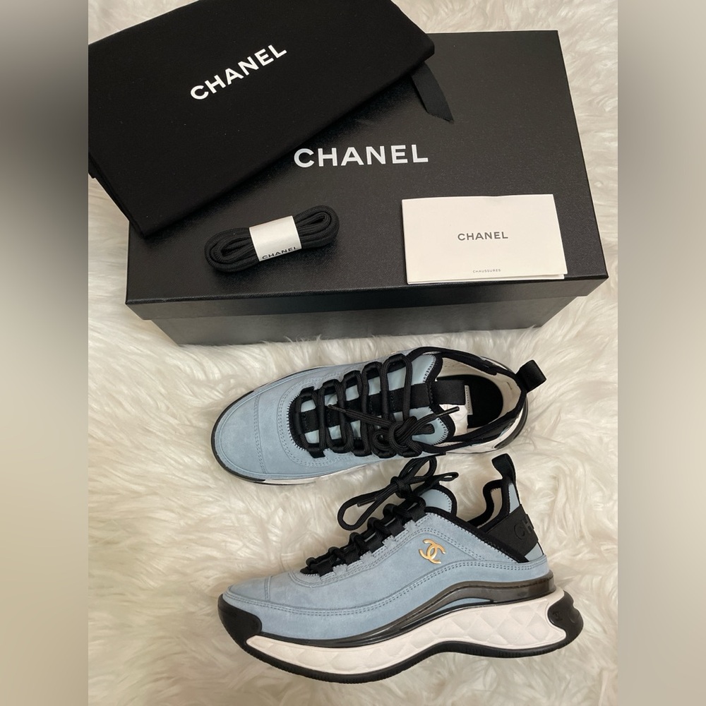 CHANEL Light Blue and Black Suede Sneakers
